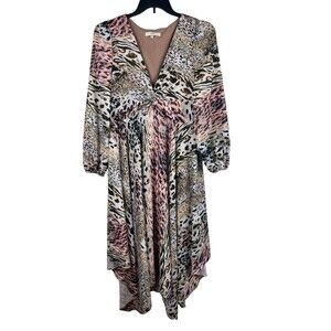 Atelier Animal Print Dress Hi Low Asymmetrical Long Sleeve Flowy Boho Midi Sz 10